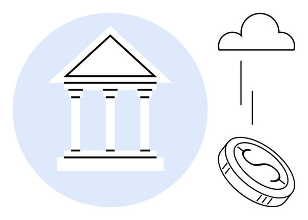 Classical bank structure, cloud, and coin representing finance, banking, fintech, savings, digital economy, investments and online transactions. Ideal for modern banking concepts and simple flat