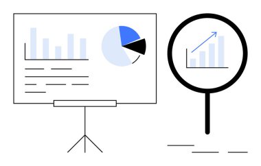 Mali tablolar, pasta tablosu ve sunum panosundaki büyüteç altında ölçü tablosu. Analiz, iş büyümesi, strateji, finans, araştırma veri içgörüleri raporları için idealdir. Basit düz