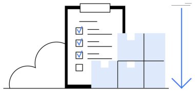 Kontrol işaretli pano kontrol listesi, istiflenmiş kutular, bulut şekli ve aşağı doğru ok. Lojistik, envanter, nakliye, depo tedarik zinciri organizasyonu ve iş süreçleri için ideal. Basit.
