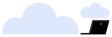 Uzaktan veri depolama, ağ oluşturma ve çevrimiçi teknolojiyi temsil eden yumuşak mavi bulutlara bağlı basitleştirilmiş dizüstü bilgisayar. Bulut hizmetleri, dijital dönüşüm, veri paylaşımı, çevrimiçi erişim için ideal