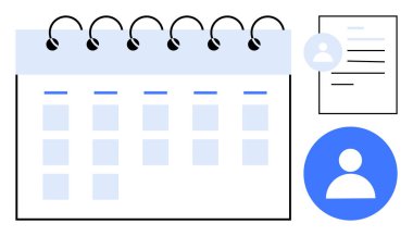 Vurgulanmış günleri, kullanıcı profili simgesi ve görev yönetimi için belge ögesine sahip spiral takvim. Organizasyon, verimlilik, planlama, programlama, atamalar, etkinlik sektörü için ideal
