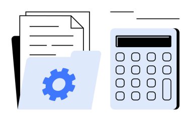 Basit hesap makinesinin yanında dişli simgesi olan belgeler ve klasörler. Muhasebe, muhasebe, finans, planlama, organizasyon, veri analizi ve yönetim için ideal. Basit düz metafor