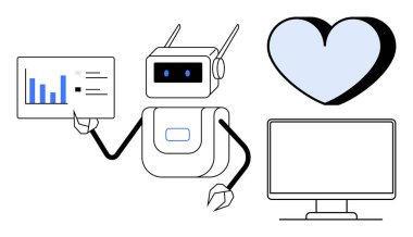 Robot veri tablosu, mavi kalp bağlantıyı ya da ilgiyi sembolize ediyor ve bir bilgisayar monitörü. Yapay zeka, analitik, teknoloji, şefkat, otomasyon robotları için ideal dijital tasarım. Temiz düz metafor
