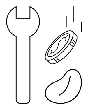 İngiliz anahtarı, bozuk para ve düşen hareket çizgileriyle sıralanmış fasulye. Alet, iş, ekonomi, tarım, basitlik ve minimalizm kavramları için idealdir. Basit düz mecazı temizle