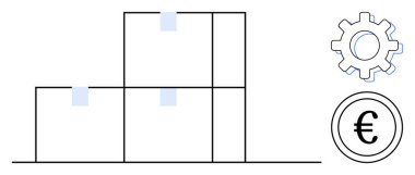 Malzemelerin yanına istiflenmiş kutular ve avro sikkeleri tedarik zinciri, üretim, ticaret veya e-ticaret öneriyor. Lojistik, iş, depo yönetimi, finans, ekonomi taşımacılığı ve küresel ticaret için ideal