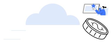 Hareket çizgileri olan bulut, dijital ödül ekranı ile etkileşime geçen insan, madeni para simgesi. Teknoloji için ideal, veri depolama, dijital ödüller, bulut hesaplama, yenilik, çevrimiçi etkileşim basit düz