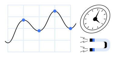 Veri noktaları, analog saat ve mıknatıs yayan dalgalar içeren bir grafik. Analiz, performans, üretkenlik, zaman yönetimi, ölçüm hedefi belirleme ve strateji için idealdir. Basit düz metafor