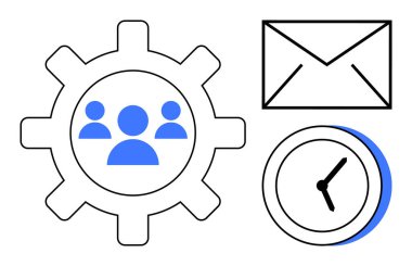 İnsanların silueti ile donanım takım çalışmasını simgeler, iletişim için posta, ve zaman yönetimi için saat. Çalışma akışı, işbirliği, üretkenlik, verimlilik, iletişim, yönetim için ideal basit