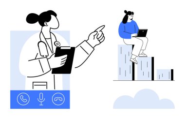 Doktor panoyu tutuyor, sanal çağrı sırasında el kol hareketi yapıyor, ekran simgeleri aşağıda. Barda dizüstü bilgisayarlı bir kadın oturuyor. Uzak çalışma, sağlık, teletıp, büyüme ve eğitim için ideal