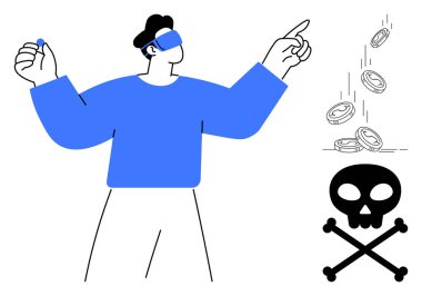 Bozuk paralar kafatasları ve çapraz kemiklerin yakınına düşerken öne doğru işaret eden gözleri bağlı bir figür. Risk için ideal, karar verme, belirsizlik, tehlike, finansal kayıp, dikkatsizlik uyarısı. Basit düz