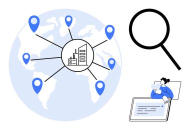 Fabrika simgesine bağlı lokasyon iğneleri, büyüteç sembolü, kullanıcı tarafından işletilen dijital tablet. Küresel ticaret, teknoloji, lojistik, araştırma, analiz, veri ticareti stratejisi için ideal