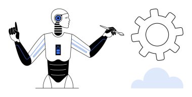 Stylus tutan insansı robot, vites ve buluta bakıyor. Yapay zeka, teknoloji, yenilik, otomasyon, süreç, yaratıcılık ve dijital dönüşüm için idealdir. Temiz, düz metafor