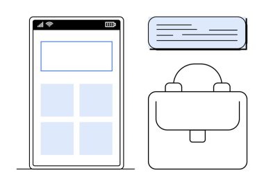 Şebeke düzeni, metin belgesi ve evrak çantası simgesine sahip akıllı telefon ekranı. Üretkenlik, iş, organizasyon, planlama, teknoloji dijital araçları ve iş yönetimi için idealdir. Basit bir düz metafor.