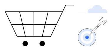 Ortasında ok olan bir hedefin yanında minimalist alışveriş arabası. E-ticaret, çevrimiçi alışveriş, pazarlama, iş stratejisi, satış hedefleri, hassasiyet ve verimlilik için ideal. Basit düz