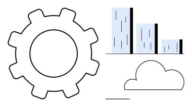 Dişli, bulut ve bar grafiği teknoloji, süreç optimizasyonu, bulut hesaplaması, veri analizi, iş akışı, iş çözümleri ve dijital yenilik kavramlarını temsil etmektedir. Takım çalışması dijital için ideal