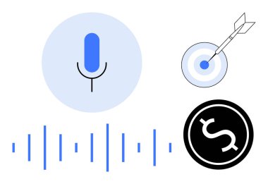 Mikrofon, ses dalgaları, oklu hedef ve bozuk para. İletişim, verimlilik, teknoloji, finans hedefi pazarlama verimliliğini belirlemek için ideal. Basit düz metafor