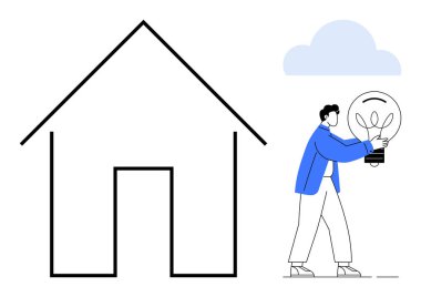 Bulutun altındaki basit bir eve doğru büyük bir ampul taşıyan kişi. Enerji, yenilik, ev kavramları, ekolojik çözümler, yaratıcılık, sürdürülebilirlik, basit düz metafor için ideal