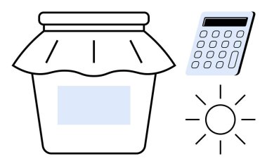 Etiketli reçel kavanozu, güneş sembolü ve eko dostu bütçe, yenilenebilir enerji, kaynak yönetimi, sürdürülebilirlik, tasarruf, temiz enerji ve basit düz metaforu temsil eden hesap makinesi.
