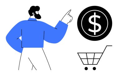 Sakallı adam alışveriş arabasının yanındaki dolar işaretini işaret ediyor. Finans, e-ticaret, tüketim, çevrimiçi alışveriş, bütçe planlaması, perakende, yatırım için ideal. Basit düz metafor