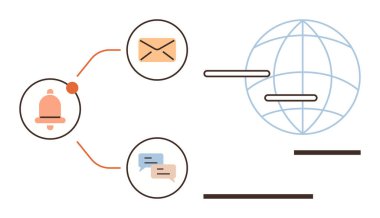 Uyarı simgesi, e- posta ve sohbet baloncukları iletişimi, bildirimleri ve küresel erişimi temsil eden ana hatlara bağlıdır. Teknoloji, iletişim, mesajlaşma ve ağ oluşturma için ideal bağlantı uyarısı
