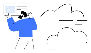 Bulutları ve basit çizgileri olan dijital bir belgeyi inceleyen kişi. Bulut hesaplama, veri analizi, teknoloji, yenilik, bağlantı, uzaktan çalışma ve minimum tasarım için idealdir. Temiz ve basit.
