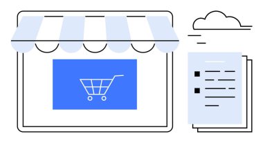 Alışveriş arabası vitrinde dijital belgelerin yanında bir bulutun altında sergileniyor. E-ticaret, online alışveriş, bulut deposu, iş yeri, perakende, pazarlama, teknoloji için ideal. Basit düz