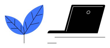 Mavi bir yaprak ve çevre dostu teknolojiyi, dijital yeniliği ve çevresel uyumu temsil eden siyah bir dizüstü bilgisayarın minimalist tasarımı. Sürdürülebilirlik için ideal, yeşil enerji, modern teknoloji, dijital