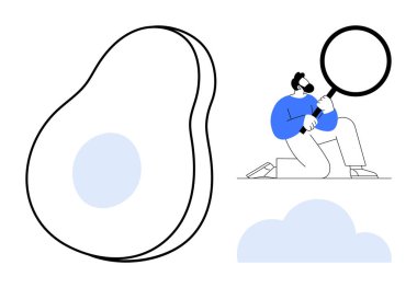 Adam elinde büyüteçle diz çöküp soyut avokado ve bulut şekillerini inceliyor. Yenilik, analiz, araştırma, gıda, çevre, keşif ve yaratıcılık için ideal. Minimalist düz metafor tasarımı