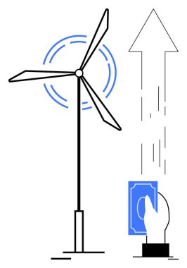 Rüzgar türbini yukarı doğru ok ile güç üretiyor. Bu da el ele tutuşan para ile desteklenen ilerlemeyi simgeliyor. Sürdürülebilirlik, yenilik, yatırım, eko-büyüme, iklim hareketi, yenilenebilir