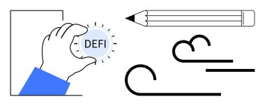 El ele tutuşan DeFi madeni para, odaklanmayı vurgulayan keskin kalem ve hareket ve yenilik öneren soyut rüzgar çizgileri. Yaratıcılık, finans, ilerleme, teknoloji, tasarım, strateji verimliliği için ideal
