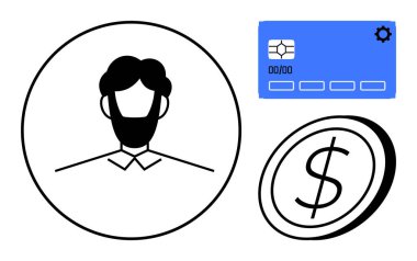 Dairesel çerçeveli kullanıcı portresi, çipli mavi ödeme kartı ve dolar işaretli para. Finans, kimlik, güvenlik, çevrimiçi ödemeler, e-ticaret bütçesi ve fintech için ideal. Basit düz