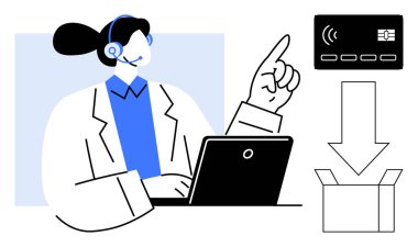 Bilgisayarında kulaklığı olan bir kadın destek ajanı online ödeme yöntemlerine ve ürün teslimatına işaret ediyor. E-ticaret, müşteri hizmetleri, teknik destek, çevrimiçi alışveriş, dijital ödemeler için ideal