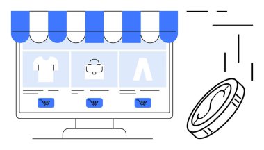 Depo önü, ekran ürünleri ve bozuk para simgesinin yanında alışveriş arabasının düğmeleri olan bilgisayar ekranı. E-ticaret, çevrimiçi alışveriş, dijital pazarlama, perakende satış, ödeme sistemleri, iş için ideal