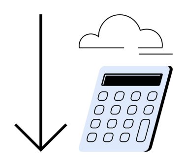 Aşağı doğru ok, bulut ve hesap makinesi elementleri veri indirme, bulut depolama ve finansmanı temsil eder. Teknoloji, bütçe, muhasebe, analitik tasarruf bulut yazılımı ve basit düz