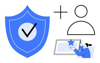 İşaretli mavi kalkan, kullanıcı simgesi ve tablet üzerindeki ayarları ayarlayan kişi. Gizlilik, veri koruması, doğrulama, kullanıcı hesabı, çevrimiçi güven sistemi siber güvenliği için ideal. Basit.