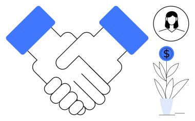 Büyümeyi, yatırımı ve güveni simgeleyen kadın avatar ve bitkinin yanında anlaşmayı, işbirliğini ve ortaklığı simgeleyen tokalaşma. Takım çalışması, ağ oluşturma, kariyer ve para büyümesi için ideal