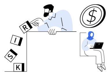 Bir kadın olarak risk bloklarını dizayn eden adam yanında para birimi görüntüleriyle birlikte dizüstü bilgisayarla çalışıyor. Finans, karar verme, takım çalışması, yatırım, risk yönetimi, iş stratejisi için ideal