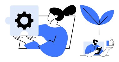 Çözümler için dişli yapboz tutan kadın, sürdürülebilirlik için yaprak büyüten adam tabletle uğraşan adam. Takım çalışması, problem çözme, yenilik, büyüme, iletişim, işbirliği için ideal basit