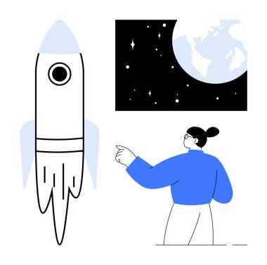 Uzayı gözlemleyen ve yıldızları gösteren bir kadın, roket ve Dünya eşliğinde. Bilim, yenilik, keşif, eğitim, hedefler ve astronomi için idealdir. Basit bir daire.