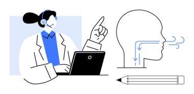 Kulaklık takan, nefes alma mekaniği sunan, hava akışı yollarını vurgulayan bir kadın uzman. Sağlık, eğitim, eğitim, iletişim, tanı, fizyoloji, basit düz metafor