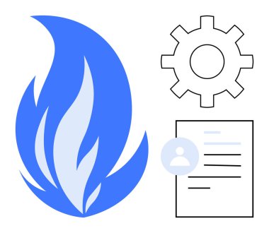 Büyük mavi alev, vites simgesi ve profil çemberli belge. Enerji, verimlilik, strateji, veri, sürdürülebilirlik yeniliği ve teknolojik ilerleme için ideal. Basit düz metafor