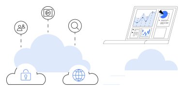 Güvenlik kilidi olan bulut ağları, küresel bağlantı ve analitik gösteren dizüstü bilgisayara bağlı kullanıcı simgeleri. Teknoloji, güvenlik, küresel veriler, iş büyümesi, bağlantı ve yenilik için ideal