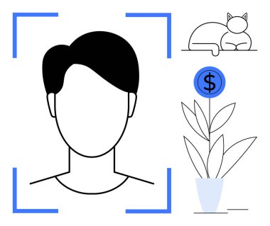 Çerçeveleme hatlarıyla çevrili basit bir portre dolar işaretli para fabrikası ve dinlenen kedi. Kişisel kimlik, finans, tasarruf, farkındalık, minimalizm, konsept sanatı için ideal düz