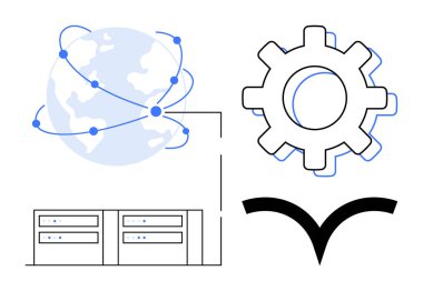 Küresel bağlantı hatları, sunucuları ve ağ akışı olan Dünya ikonunun yanında vites kutusu. Teknoloji, geliştirme, iletişim, küreselleşme, bulut hesaplama, ağ dijital dönüşümü için ideal
