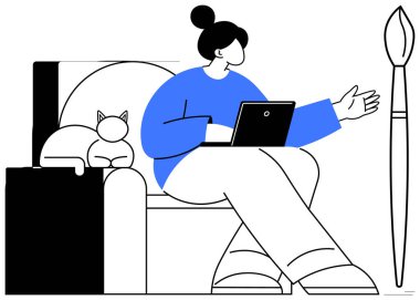 Bir kadın diz üstü bilgisayar kullanarak bir sandalyeye oturdu, yanında rahat bir kedi ve büyük bir fırça vardı. Uzak çalışma, yaratıcılık, ev hayatı, konfor, iş hayatı dengesi, üretkenlik için ideal