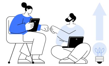 İki kişi yumruk tokuşturuyor, aletleri tutuyor, sıradan bir poz veriyor, ok ve ampul ikonu yanlarında oturuyor. Takım çalışması, büyüme, iletişim, yenilik, sorun çözme yaratıcılığı için ideal