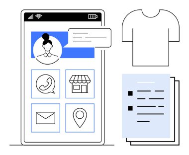 Akıllı telefon ekranında kullanıcı profili, mesajlaşma, arama, dükkan, e-posta ve konum seçenekleri gösterilir. Yanında bir tişört ve dokümanlar var. İletişim ve alışveriş profilleri mesajlaşması için ideal