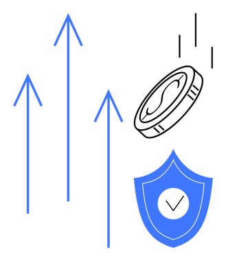 Bozuk paraların düşüşü, yukarı doğru çıkan oklar büyümeyi ve kalkanın güvenliği temsil ettiğini gösteriyor. Finans, yatırım, tasarruf, ekonomik koruma, büyüme stratejisi, zenginlik yönetimi için ideal