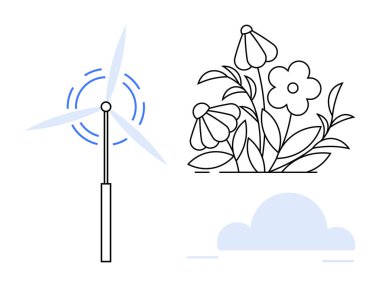 Rüzgar türbini güç üretiyor, çiçek açıyor ve sürdürülebilirliği sembolize eden bir bulut. Yenilenebilir enerji, ekoloji, temiz hava, doğa, iklim farkındalığı, yenilik için ideal düz metafor