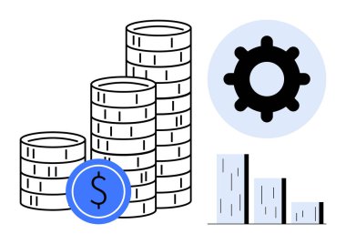 Dolar işareti olan bozuk para yığınları, veri eğilimlerini sembolize eden vites ve bar tablosu. Temalar için ideal iş, finans, yatırım, strateji, ekonomi, analitik basit